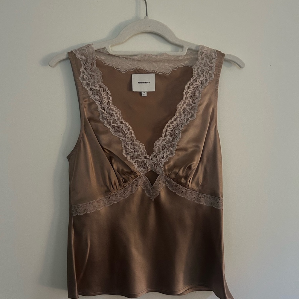 Reformation Satin Lace Trim Chemise - Brown